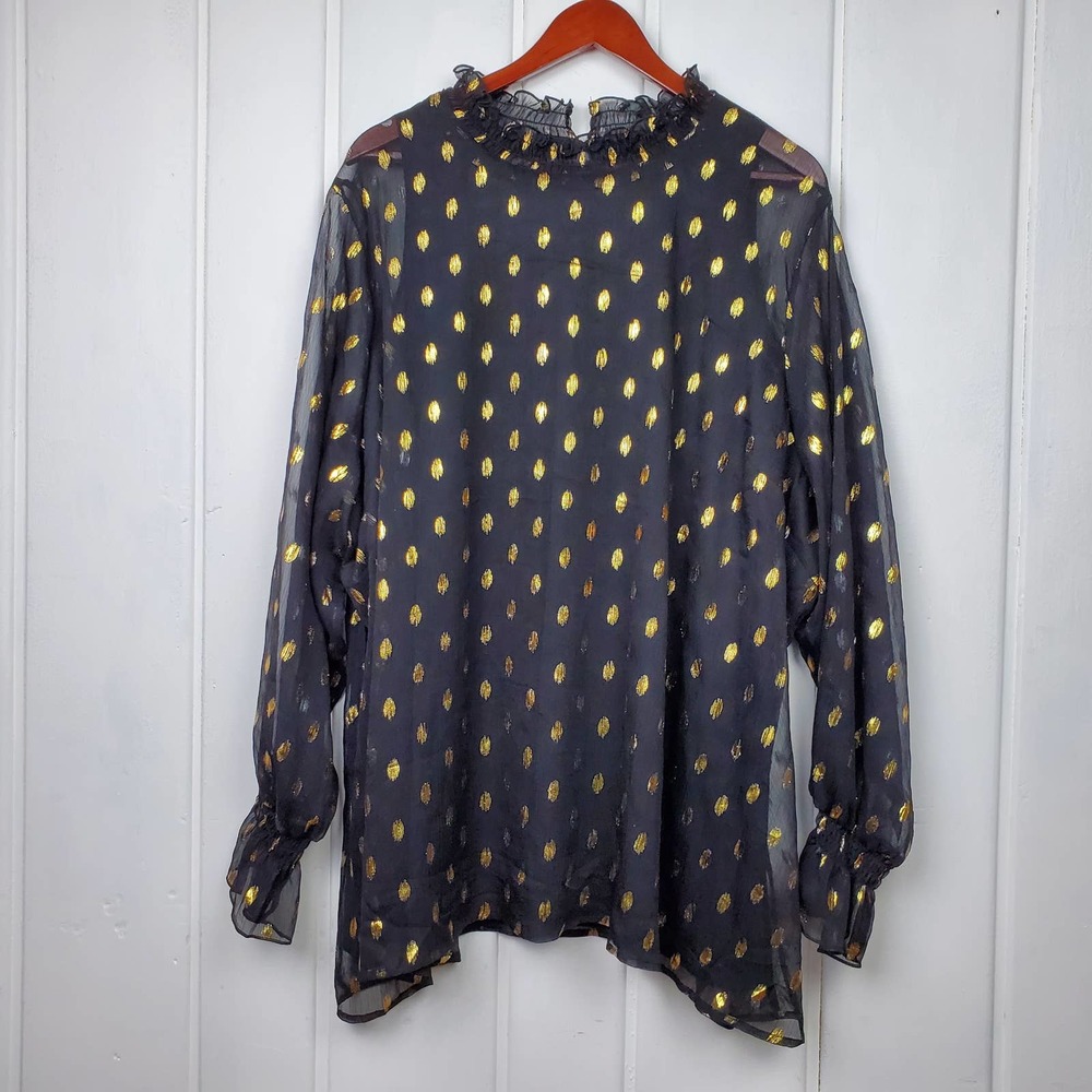 Lane Bryant Women's 28 Long Sleeve Black Gold Dots Ruffle Collar Blouse